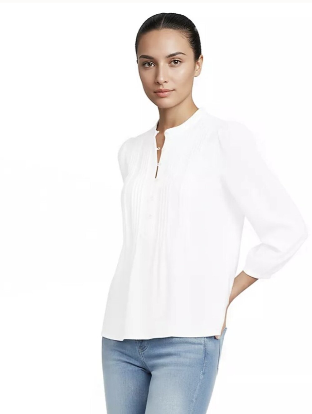 NWT Lands' End White Pintuck Split-Neck Blouse Size L